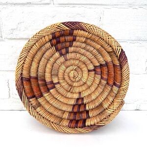 Handwoven Coil Basket Bowl with Natural and Orange Purple Accents